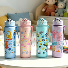 Load image into Gallery viewer, Large Capacity Cartoon Pattern Water Bottle with Straw Leakproof Portable Plastic Drinking Cup Outdoor School Travel