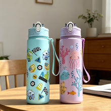 Load image into Gallery viewer, Large Capacity Cartoon Pattern Water Bottle with Straw Leakproof Portable Plastic Drinking Cup Outdoor School Travel