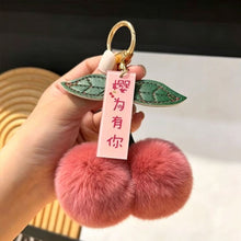 Load image into Gallery viewer, Lightweight Fluffy Cherry Keychain Faux Rex Rabbit Fur Plush Pendant Cartoon Car Keyring Bag Charm for Women