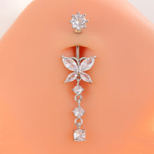 Load image into Gallery viewer, Gold Tone Stainless Steel Alloy Belly Button Ring Flower CZ Crystal Dangle Navel Ring Barbell Piercing Jewelry For Men Women