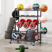 Load image into Gallery viewer, 4-Tier Metal Storage Organizer with Rolling Wheels for Basketball Sports Equipment Organizer for Yoga Mat Larger Ball Storage Rack with Baskets and Hooks, Indoor or Outdoor for Tennis Racket,Football