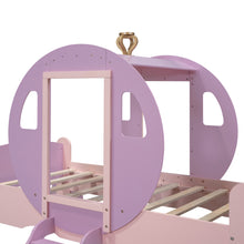 Load image into Gallery viewer, Twin size Princess Carriage Bed with Crown,Wood Platform Car Bed with Stair,Purple+Pink