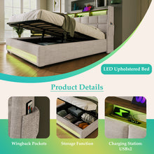 Load image into Gallery viewer, Full size Upholstered Platform bed with a Hydraulic Storage System, LED and USB Charging, Natural (without mattress)