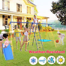 Load image into Gallery viewer, 500 lbs 7 in 1 Swing Set for Kids Backyard Outdoor A-Frame Heavy-Duty Metal Swing Sets with Slide, 2 Swing Seats, 1 Climbing Net & Ladder, 1 Gym Ring, 1 Basket