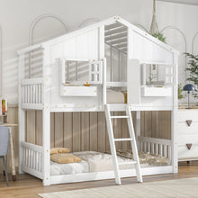 Load image into Gallery viewer, Twin over Twin House Bunk Bed with Roof , Window, Window Box, Door , with Safety Guardrails and Ladder,White