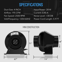 Load image into Gallery viewer, iPower 4 Inch 195 CFM Duct Inline Ventilation Fan Air Circulation Vent HVAC Exhaust Blower for Grow Tent, Greenhouses, Basements or Kitchens, Lite, Black