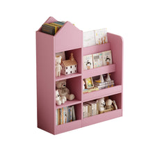 Load image into Gallery viewer, Pink Kids Wooden Bookshelf Toy Storage Organizer with Bookcase, Kid's Bin Storage Unit with 6 Compartments 2 Baskets Bins Toys Box Organizer, Children Multi Shelf Cubby for Books, Toys Shelf
