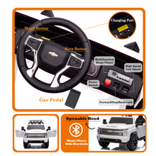 Load image into Gallery viewer, White, 24V 2 Seater Ride On Truck Car, Licensed Chevrolet Silverado HD Electric Car for Kids, 4WDmotors, with2.4G Remote Control, Metal Suspension, Soft Start, FM/Bluetooth/Music, LED Light,Toys Gifts