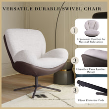 Load image into Gallery viewer, 360° Swivel Accent Chair, Modern Chenille Lounge Chair with Faux Leather and Black Metal Base Frame, Comfortable Reading Chair for Small Spaces, Living Room, Bedroom, Reading Corner, Office (White)