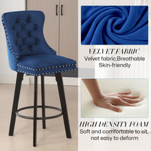 Load image into Gallery viewer, YS Modern Swivel Bar Stools Velvet Barstools Button Tufted Bar Stools Rivet Trim Bar Stools for Kitchen Island,Bistro, with Metal Pull Ring Sturdy Footrest Large Backrest for Home Bar,Blue