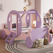 Load image into Gallery viewer, Twin size Princess Carriage Bed with Crown,Wood Platform Car Bed with Stair,Purple+Pink