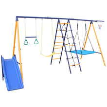 Load image into Gallery viewer, 500 lbs 7 in 1 Swing Set for Kids Backyard Outdoor A-Frame Heavy-Duty Metal Swing Sets with Slide, 2 Swing Seats, 1 Climbing Net & Ladder, 1 Gym Ring, 1 Basket