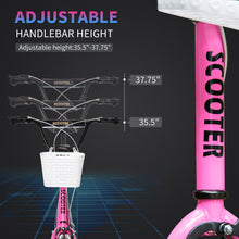 Load image into Gallery viewer, Youth Scooter, Kick Scooter with Adjustable Handlebars, Double Brakes, 16" Inflatable Rubber Tires, Basket, Cupholder, Pink