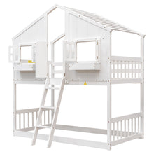 Load image into Gallery viewer, Twin over Twin House Bunk Bed with Roof , Window, Window Box, Door , with Safety Guardrails and Ladder,White