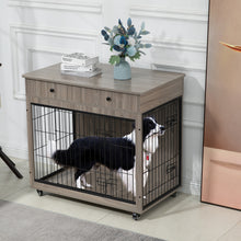 Load image into Gallery viewer, Dog Crate Furniture, Wooden Dog Crate End Table, 38.4 Inch Dog Kennel with 2 Drawers Storage, Heavy Duty Dog Crate, Decorative Pet Crate Dog Cage for Large Indoor Use (Grey) 38.4" L×23.2" W×35" H