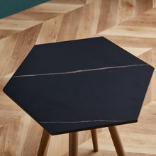 Load image into Gallery viewer, Modern Minimalism Black Faux Marble End&Side Table, Small Accent Coffee Table with Dark Gold Metal Legs, Hexagon Nightstand for Living Room,Bedroom, Apartment Small Space ( MDF Tabletop + Metal Legs )