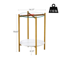 Load image into Gallery viewer, 2-layer End Table with Tempered Glass and Marble Tabletop, Round Coffee Table with Golden Metal Frame for Bedroom Living Room Office (1 piece)