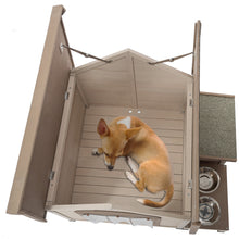 Load image into Gallery viewer, Outdoor fir wood dog house with an open roof ideal for small to medium dogs. With storage box, elevated feeding station with 2 bowls. Weatherproof asphalt roof and treated wood.