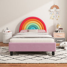 Load image into Gallery viewer, Rainbow Design Upholstered Twin Platform Bed Cute Style Princess Bed for Boys & Girls, Teens, Colorful & Pink