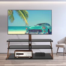 Load image into Gallery viewer, Tempered Glass Height Adjustable Universal Swivel Glass Floor Media Storage Stand With Mount Heat-Transferred Printing Metal Tube, Walnut/Black