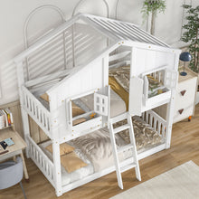 Load image into Gallery viewer, Twin over Twin House Bunk Bed with Roof , Window, Window Box, Door , with Safety Guardrails and Ladder,White