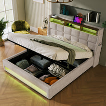 Load image into Gallery viewer, Full size Upholstered Platform bed with a Hydraulic Storage System, LED and USB Charging, Natural (without mattress)