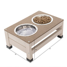 Load image into Gallery viewer, Outdoor fir wood dog house with an open roof ideal for small to medium dogs. With storage box, elevated feeding station with 2 bowls. Weatherproof asphalt roof and treated wood.