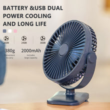 Load image into Gallery viewer, 2000mah Clip Fan Rechargeable Silent 3 Blades Baby Stroller Fans Portable Air Cooling 3 Speeds Desk USB Fan