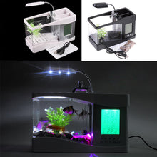 Load image into Gallery viewer, USB Desktop Mini Aquarium Ecosystem Fish Tank with LED Light LCD Display Screen and Clock Decoration with Pebbles Black/White Table Decor