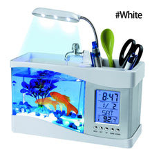 Load image into Gallery viewer, USB Desktop Mini Aquarium Ecosystem Fish Tank with LED Light LCD Display Screen and Clock Decoration with Pebbles Black/White Table Decor