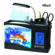 Load image into Gallery viewer, USB Desktop Mini Aquarium Ecosystem Fish Tank with LED Light LCD Display Screen and Clock Decoration with Pebbles Black/White Table Decor