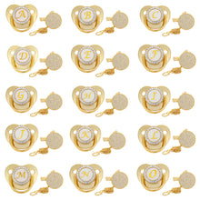 Load image into Gallery viewer, 26 Letters Initials Baby Pacifier and Pacifier Clips Gold Diamond BPA Free Silicone Nipples Newborn Dummy Soother with Crystal Rhinestone
