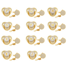 Load image into Gallery viewer, 26 Letters Initials Baby Pacifier and Pacifier Clips Gold Diamond BPA Free Silicone Nipples Newborn Dummy Soother with Crystal Rhinestone