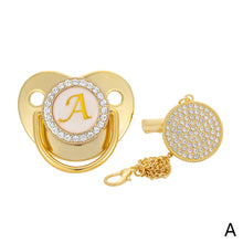 Load image into Gallery viewer, 26 Letters Initials Baby Pacifier and Pacifier Clips Gold Diamond BPA Free Silicone Nipples Newborn Dummy Soother with Crystal Rhinestone