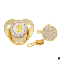 Load image into Gallery viewer, 26 Letters Initials Baby Pacifier and Pacifier Clips Gold Diamond BPA Free Silicone Nipples Newborn Dummy Soother with Crystal Rhinestone
