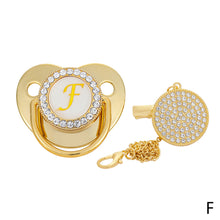 Load image into Gallery viewer, 26 Letters Initials Baby Pacifier and Pacifier Clips Gold Diamond BPA Free Silicone Nipples Newborn Dummy Soother with Crystal Rhinestone