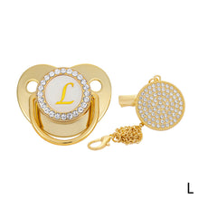 Load image into Gallery viewer, 26 Letters Initials Baby Pacifier and Pacifier Clips Gold Diamond BPA Free Silicone Nipples Newborn Dummy Soother with Crystal Rhinestone