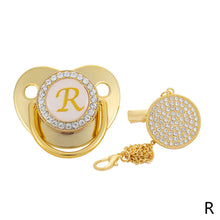 Load image into Gallery viewer, 26 Letters Initials Baby Pacifier and Pacifier Clips Gold Diamond BPA Free Silicone Nipples Newborn Dummy Soother with Crystal Rhinestone