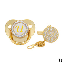 Load image into Gallery viewer, 26 Letters Initials Baby Pacifier and Pacifier Clips Gold Diamond BPA Free Silicone Nipples Newborn Dummy Soother with Crystal Rhinestone