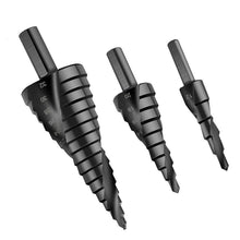 Load image into Gallery viewer, 3Pcs/Set 4-12mm 4-20mm 4-32mm HSS Cobalt Step Stepped Drill Bit Set Triangle Shank Hole Nitrogen High Speed Steel Spiral for Metal Cone Cutter Core Metal Drilling