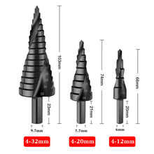Load image into Gallery viewer, 3Pcs/Set 4-12mm 4-20mm 4-32mm HSS Cobalt Step Stepped Drill Bit Set Triangle Shank Hole Nitrogen High Speed Steel Spiral for Metal Cone Cutter Core Metal Drilling