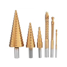 Load image into Gallery viewer, 6Pcs 4-12/20/32mm HSS Steel Titanium Step Drill Bit and Drill Bit-Milling Cutter Metal Hole Cutter Wood Cone Core Drilling Hole Saw Tool+3,6,8 Saw Drill