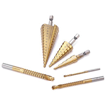 Load image into Gallery viewer, 6Pcs 4-12/20/32mm HSS Steel Titanium Step Drill Bit and Drill Bit-Milling Cutter Metal Hole Cutter Wood Cone Core Drilling Hole Saw Tool+3,6,8 Saw Drill
