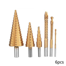 Load image into Gallery viewer, 6Pcs 4-12/20/32mm HSS Steel Titanium Step Drill Bit and Drill Bit-Milling Cutter Metal Hole Cutter Wood Cone Core Drilling Hole Saw Tool+3,6,8 Saw Drill