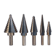 Load image into Gallery viewer, 5pcs HSS Titanium Cobalt Step Drill Bit Set High Speed Steel Center Punch for Accurate Locator Aluminum Case Metal Drilling Tool for Metal Wood Step Cone Drill