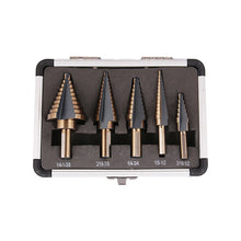 Load image into Gallery viewer, 5pcs HSS Titanium Cobalt Step Drill Bit Set High Speed Steel Center Punch for Accurate Locator Aluminum Case Metal Drilling Tool for Metal Wood Step Cone Drill