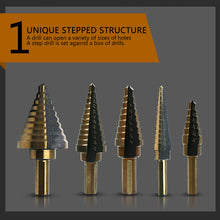 Load image into Gallery viewer, 5pcs HSS Titanium Cobalt Step Drill Bit Set High Speed Steel Center Punch for Accurate Locator Aluminum Case Metal Drilling Tool for Metal Wood Step Cone Drill