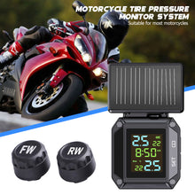 Load image into Gallery viewer, LCD Morotcycle Wireless Tyre Temperature Alarm Display Solar USB Charge With 2 External Sensors TPMS Tire Pressure Monitoring System