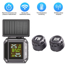 Load image into Gallery viewer, LCD Morotcycle Wireless Tyre Temperature Alarm Display Solar USB Charge With 2 External Sensors TPMS Tire Pressure Monitoring System