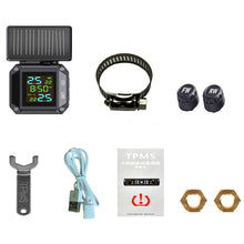 Load image into Gallery viewer, LCD Morotcycle Wireless Tyre Temperature Alarm Display Solar USB Charge With 2 External Sensors TPMS Tire Pressure Monitoring System